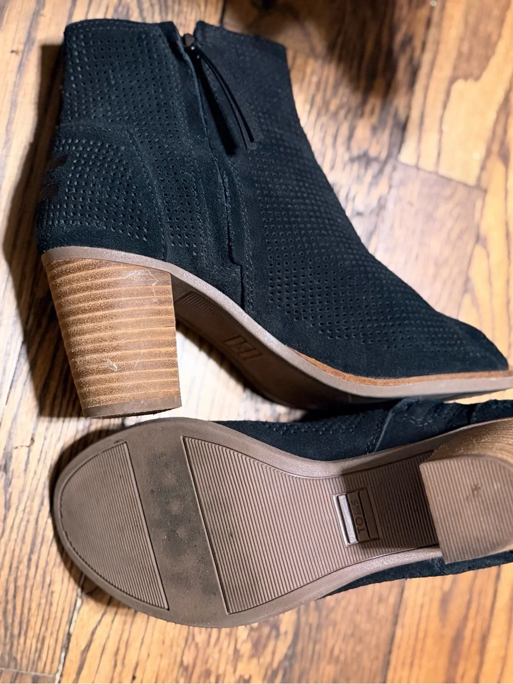 TOMS Majorca Black Suede Perforated Peep Toe Block Heel Booties Women’s 8